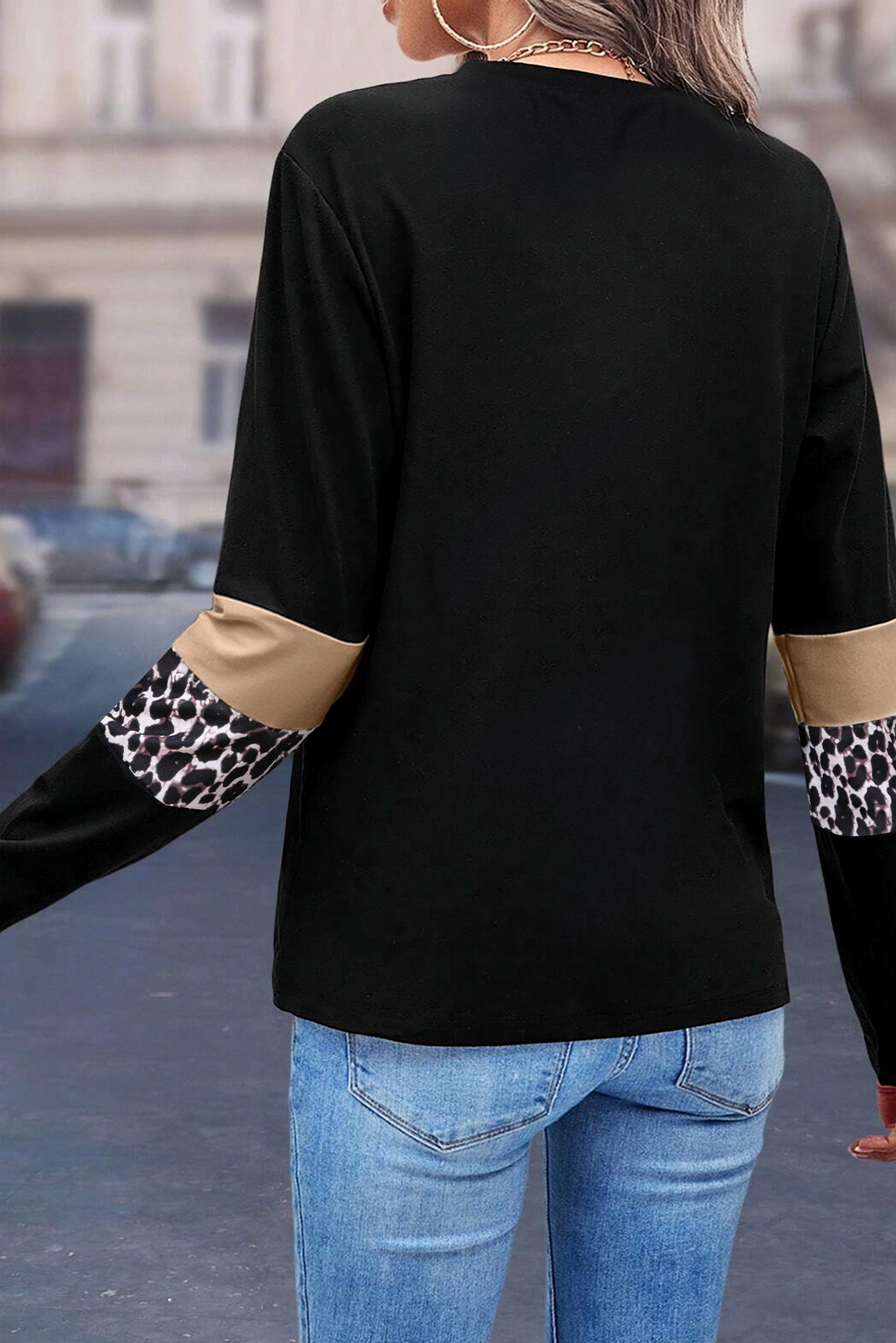 Rose leopard colorblock patchwork crew neck long sleeve T-shirt by ModestAndDevoted, featuring a stylish rose design and comfortable cotton blend.