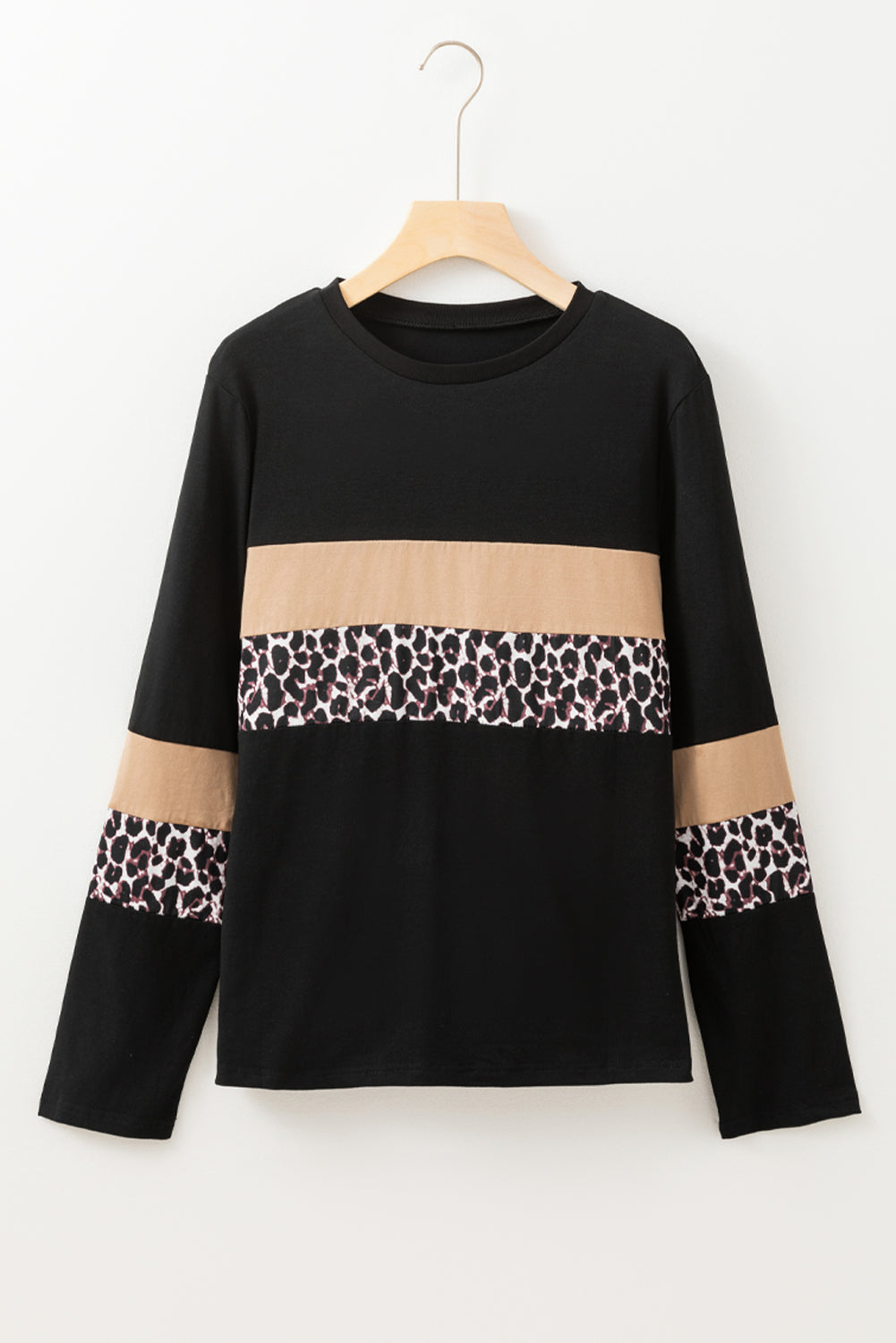 Rose Leopard Colorblock Patchwork Crew Neck Long Sleeve Tee by ModestAndDevoted, featuring a stylish rose leopard print on a cotton-elastane top.
