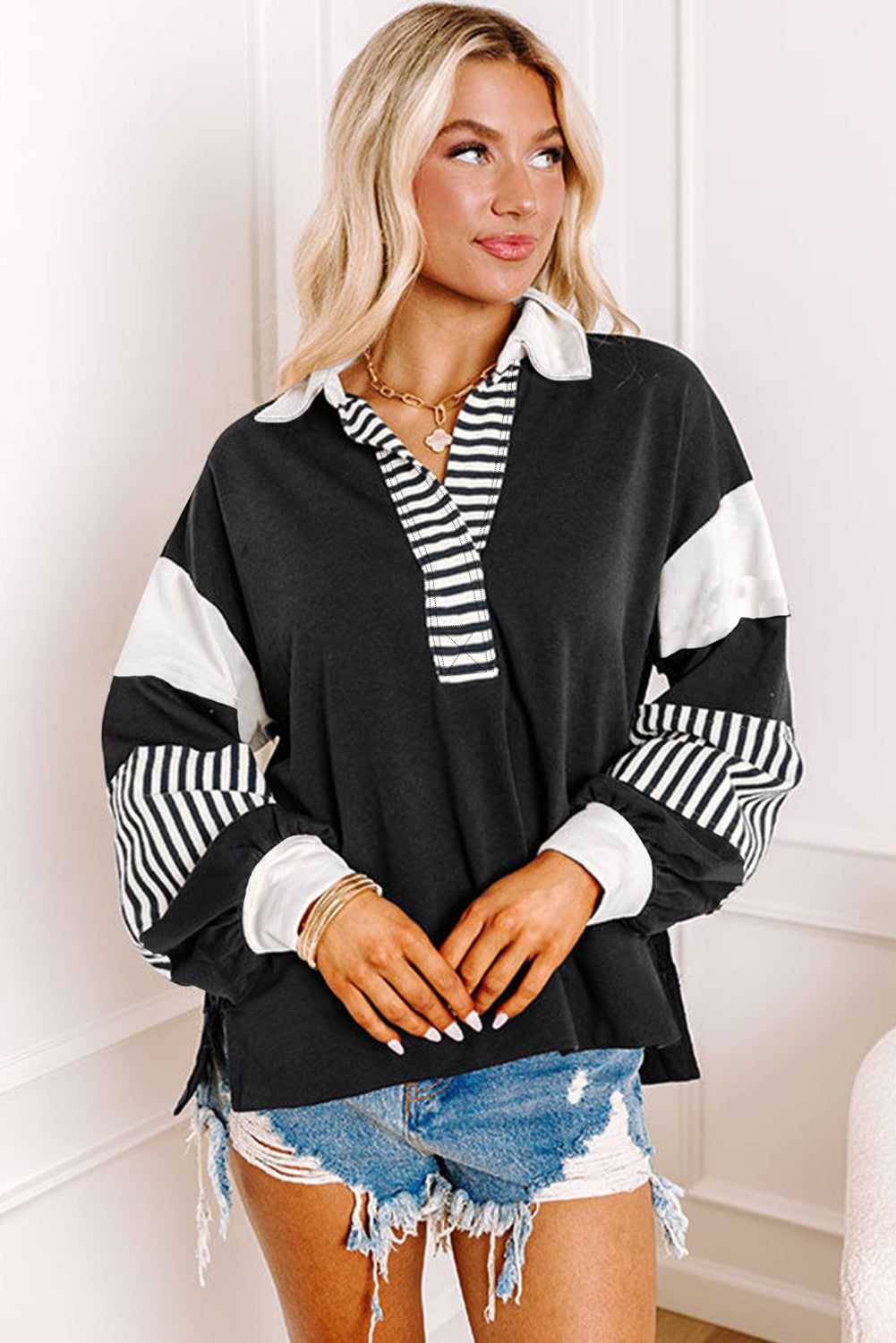 Black striped colorblock patchwork collar sweatshirt from ModestAndDevoted, featuring a stylish design with a collar and casual fit.