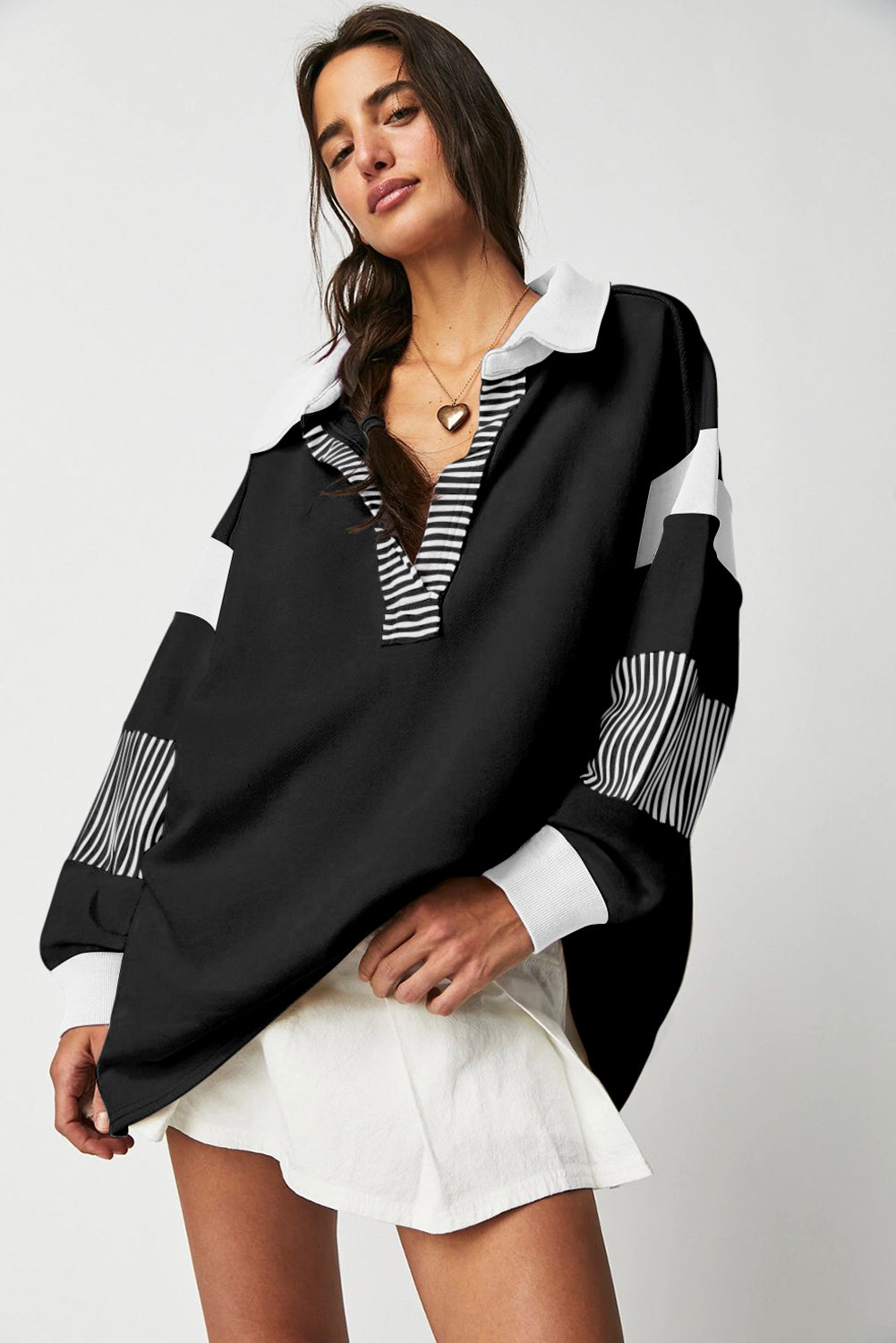 Black striped colorblock patchwork collar sweatshirt from ModestAndDevoted, featuring a stylish casual design and comfortable fabric.