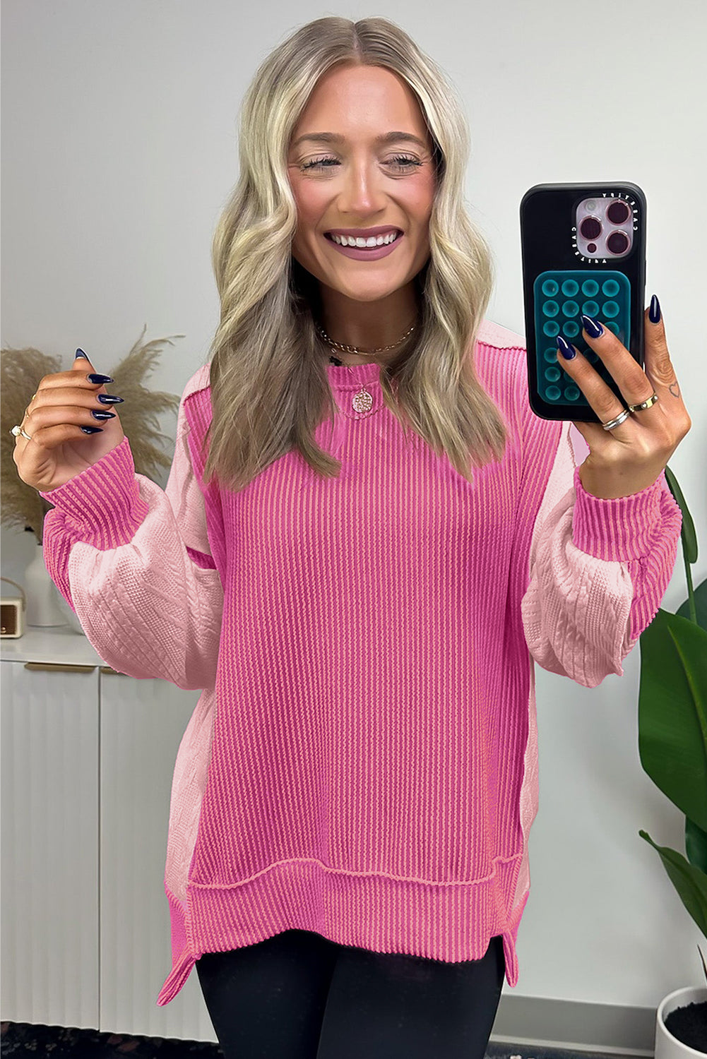 ModestAndDevoted Bonbon cable knit colorblock sweatshirt with exposed seams, made of polyester, viscose, and elastane, casual top.