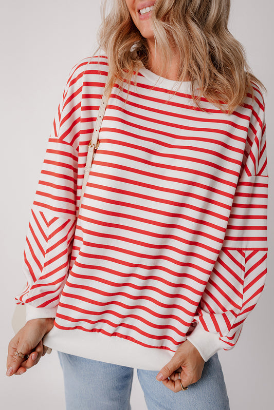 Orange stripe drop shoulder crew neck sweatshirt from ModestAndDevoted, featuring a loose fit, polyester-cotton-elastane blend.