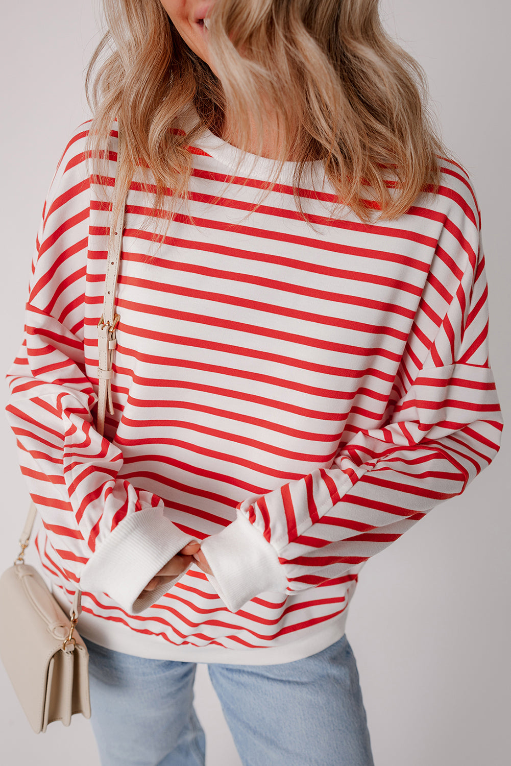 Orange Stripe Drop Shoulder Crew Neck Sweatshirt by ModestAndDevoted, loose fit, polyester cotton blend, casual sweatshirt for women.