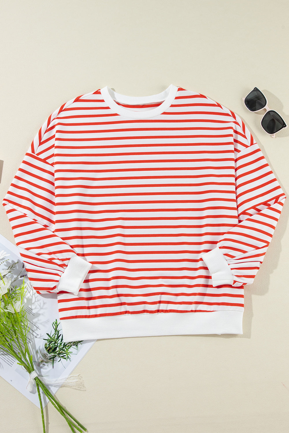 Orange Stripe Drop Shoulder Crew Neck Loose Sweatshirt from ModestAndDevoted, featuring a relaxed fit and casual style.