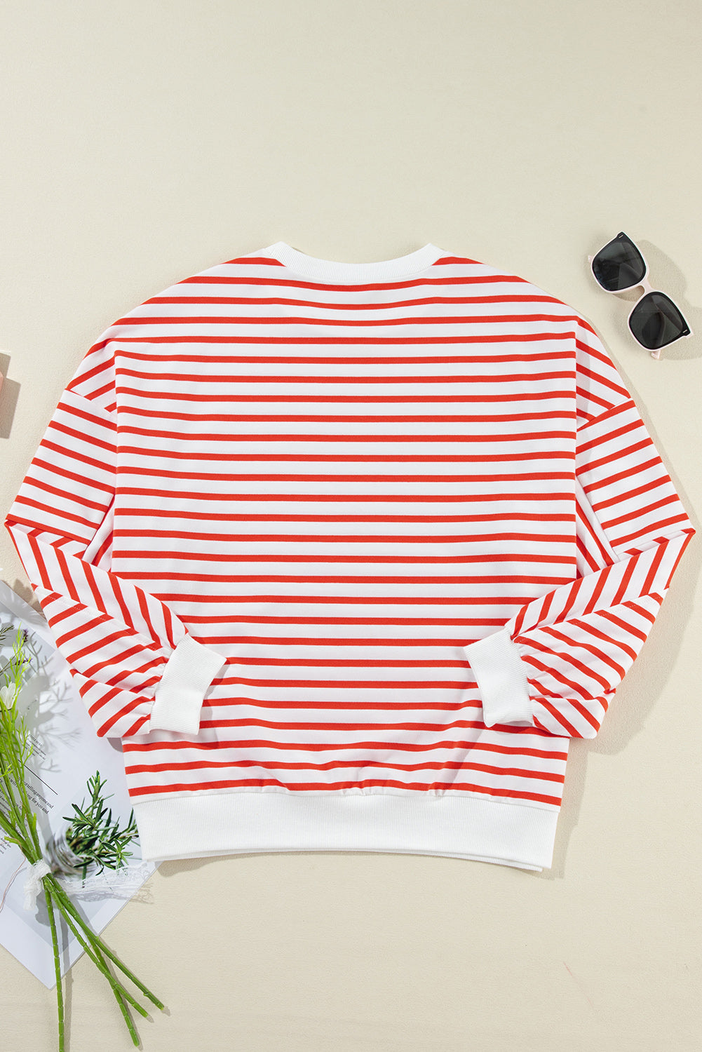 Orange stripe drop shoulder crew neck sweatshirt by ModestAndDevoted, featuring a loose fit, polyester, cotton, and elastane blend.