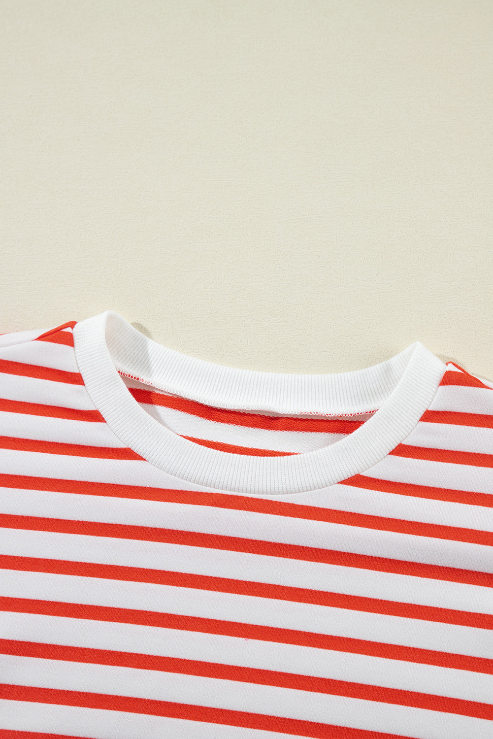 Orange Stripe Drop Shoulder Crew Neck Sweatshirt by ModestAndDevoted, loose fit with polyester, cotton, and elastane fabric.