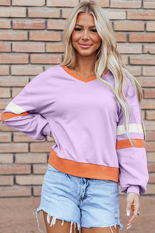 ModestAndDevoted orchid bouquet contrast rib knit patchwork drop shoulder V-neck sweatshirt, soft fabric, stylish design.