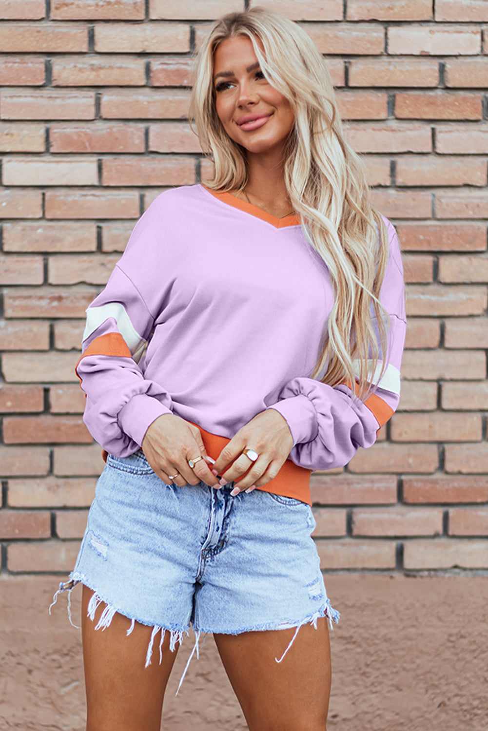 ModestAndDevoted orchid bouquet contrast rib knit patchwork drop shoulder V-neck sweatshirt, stylish and comfortable top for casual wear.