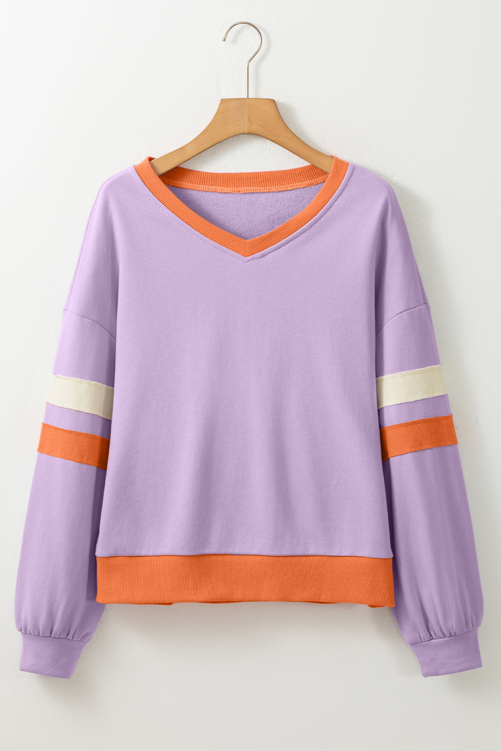 ModestAndDevoted orchid bouquet contrast rib knit patchwork drop shoulder V-neck sweatshirt, polyester cotton blend, casual style.