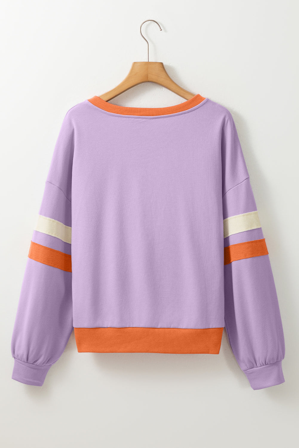 ModestAndDevoted orchid bouquet contrast rib knit patchwork drop shoulder V-neck sweatshirt, soft polyester and cotton blend.