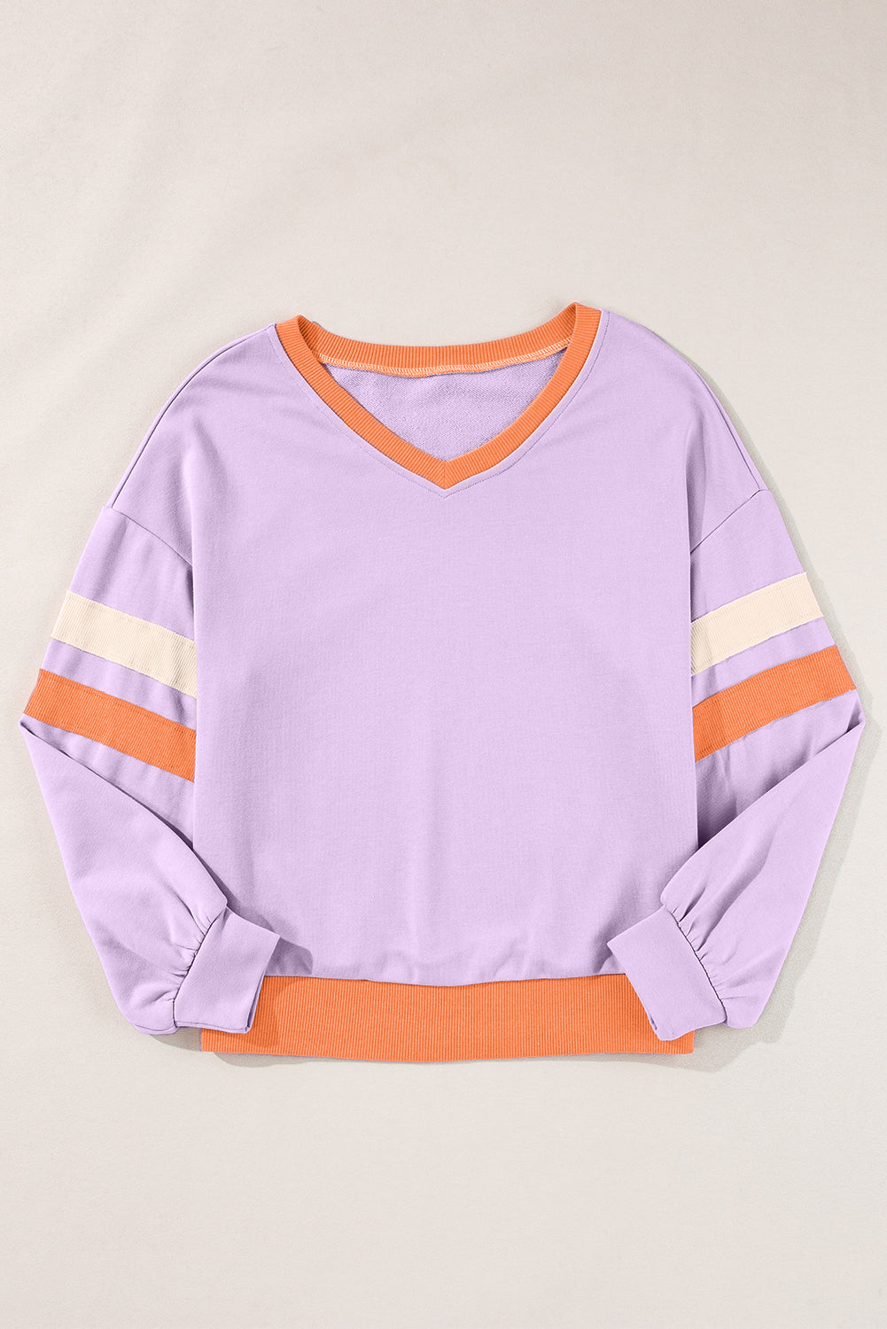 ModestAndDevoted orchid bouquet contrast rib-knit patchwork sweatshirt with drop shoulder and V-neck, made of polyester and cotton.