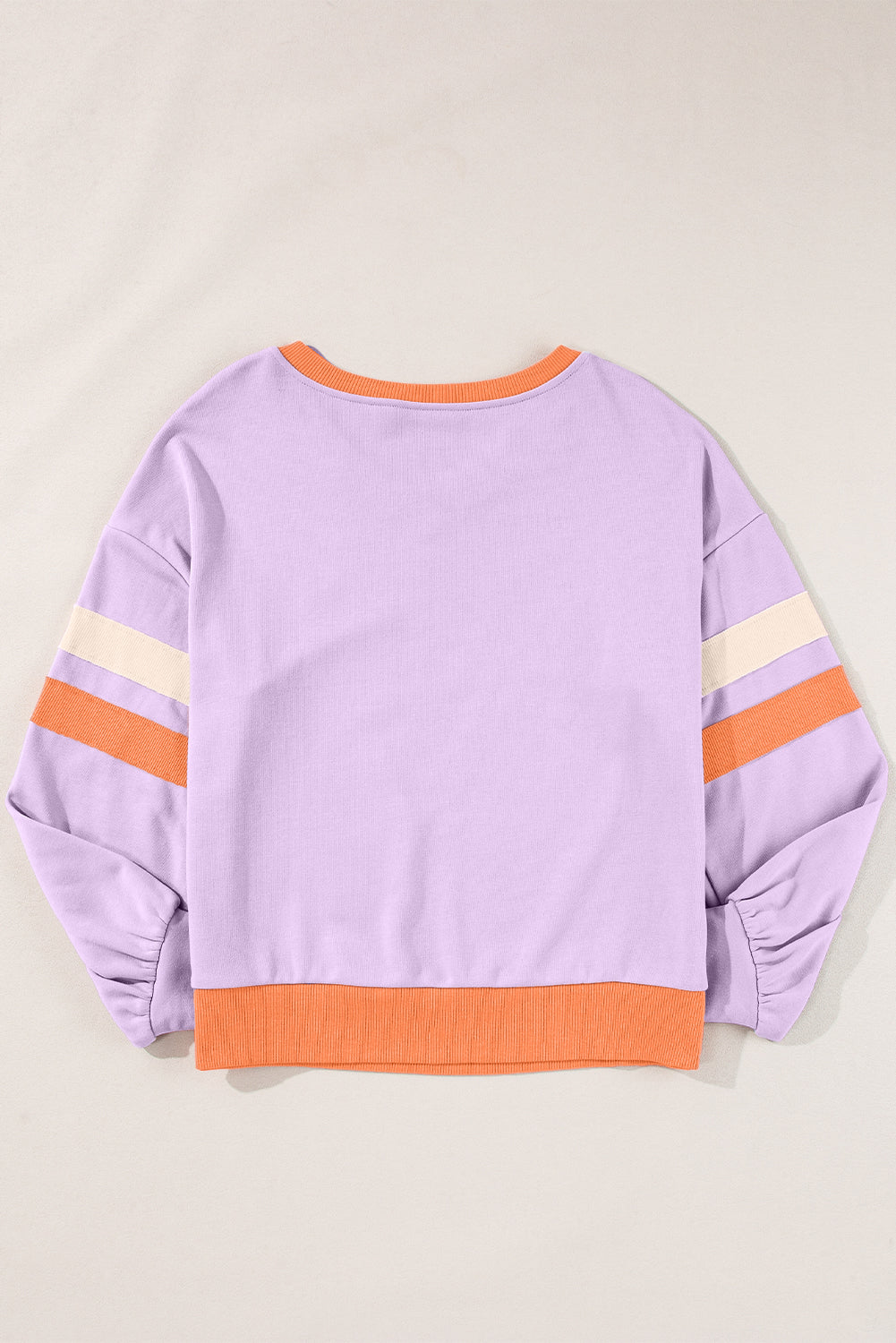 ModestAndDevoted orchid bouquet contrast rib knit patchwork drop shoulder V-neck sweatshirt, soft polyester and cotton blend.