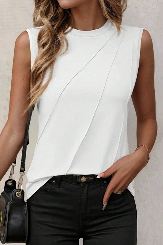 White crew neck pleated tank top by ModestAndDevoted, featuring a stylish, lightweight polyester and cotton blend design.