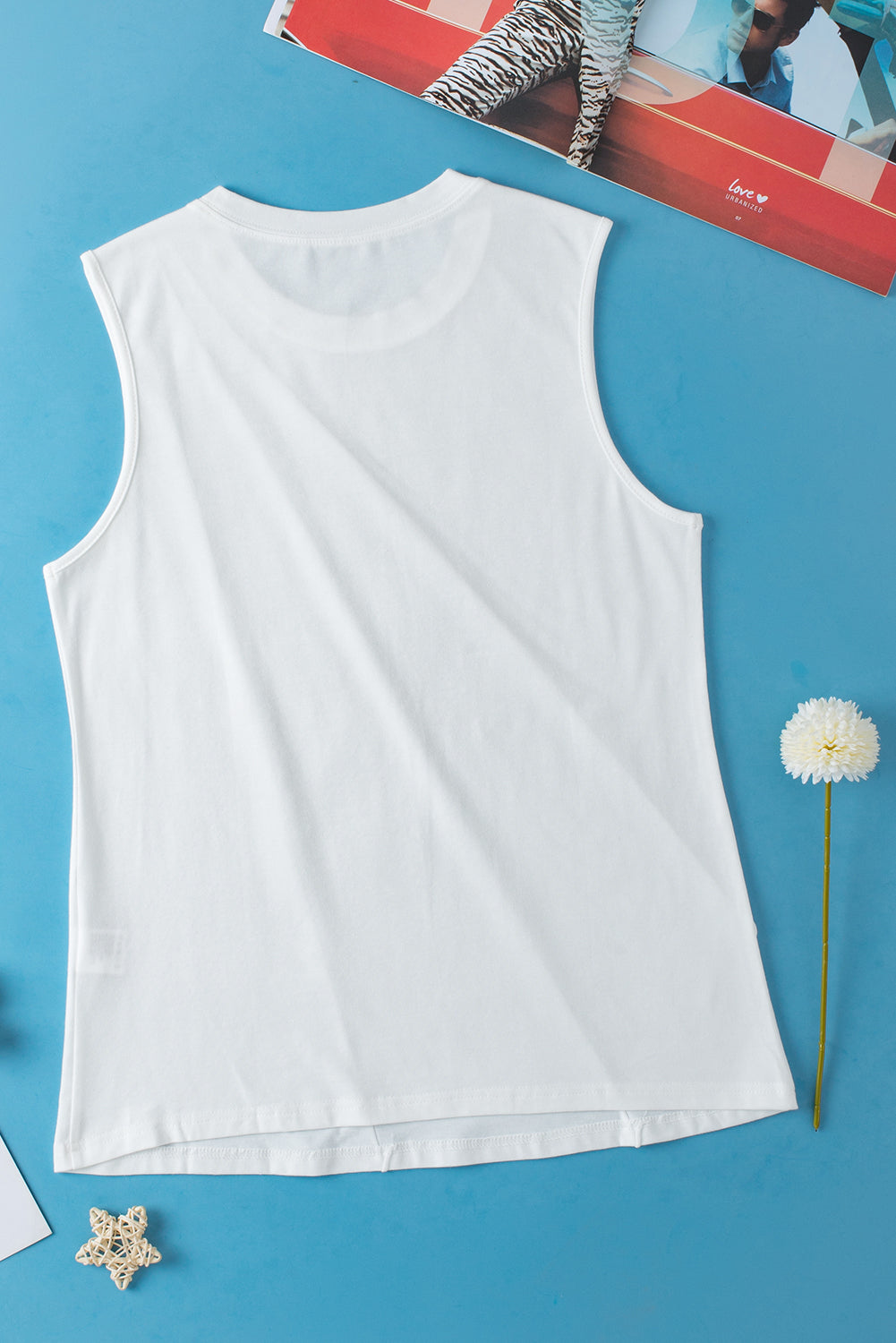 White crew neck pleated tank top from ModestAndDevoted, featuring a stylish design and comfortable fabric blend of polyester, cotton, and elastane.