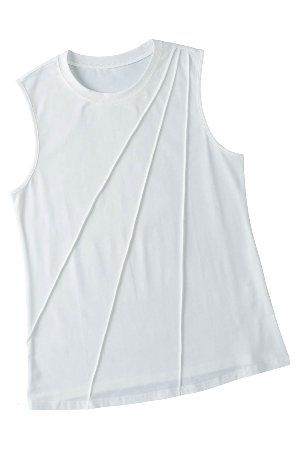 White crew neck pleated tank top by ModestAndDevoted, featuring polyester, cotton, and elastane fabric, perfect for casual wear.