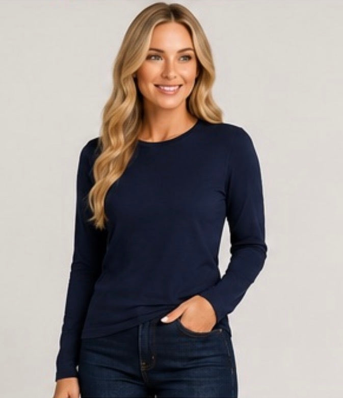 Ladies Lux Long Sleeve Layering Top by ModestAndDevoted in white, featuring a soft, comfortable fit and basic color design.