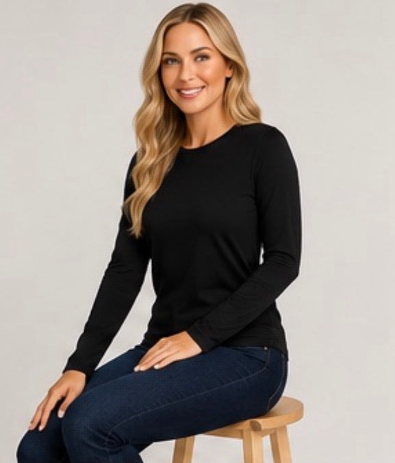 Ladies Lux Long Sleeve Layering Top by ModestAndDevoted in white, featuring a comfortable fit and versatile basic color design.