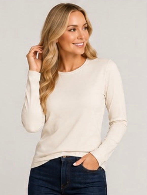 Women’s long sleeve layering top by ModestAndDevoted in white, featuring a comfortable fit and basic color design.