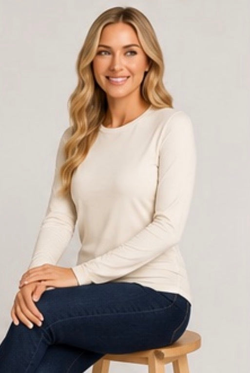 Ladies Lux long sleeve layering top in white by ModestAndDevoted, featuring a comfortable fit and basic color design.