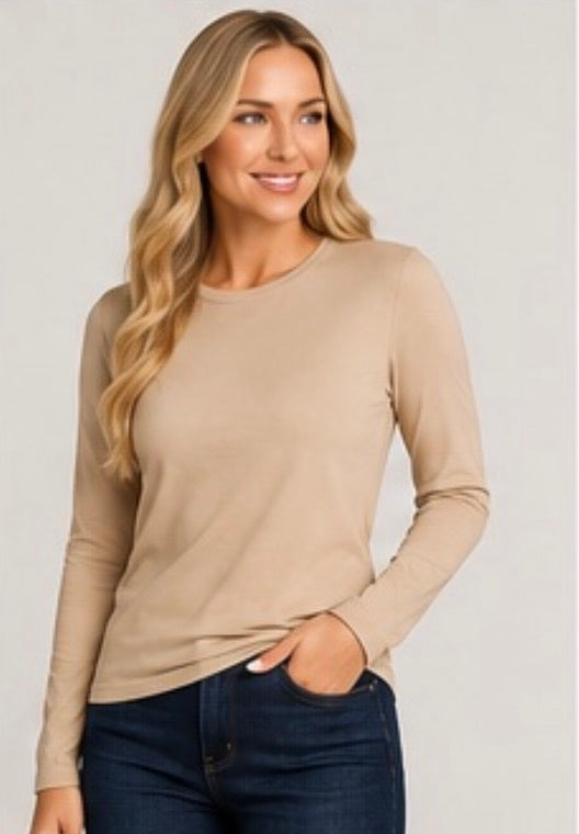 White ladies Lux long sleeve layering top by ModestAndDevoted, made for comfortable, versatile basic wardrobe styling.