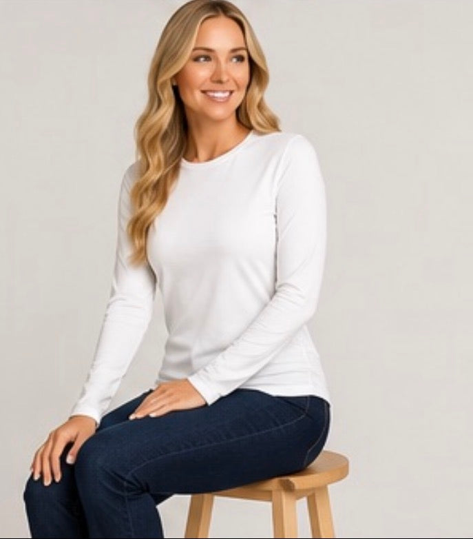 White ladies' Lux long sleeve layering top by ModestAndDevoted, made from soft, comfortable fabric in basic colors.