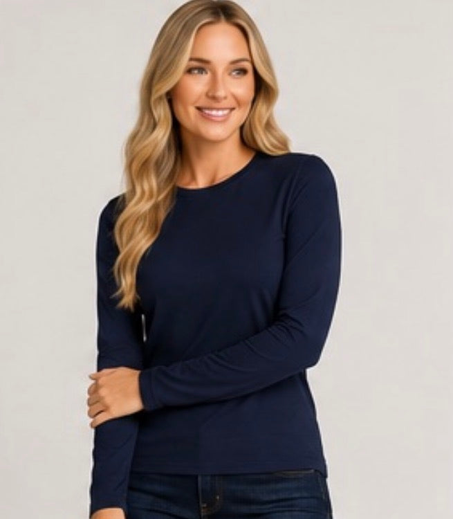 White ladies' long sleeve layering top by ModestAndDevoted, made from soft, comfortable fabric in basic color for versatile wear.