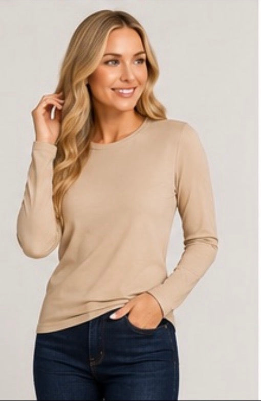 White ladies Lux long sleeve layering top by ModestAndDevoted, with a fitted design in basic colors for versatile styling.