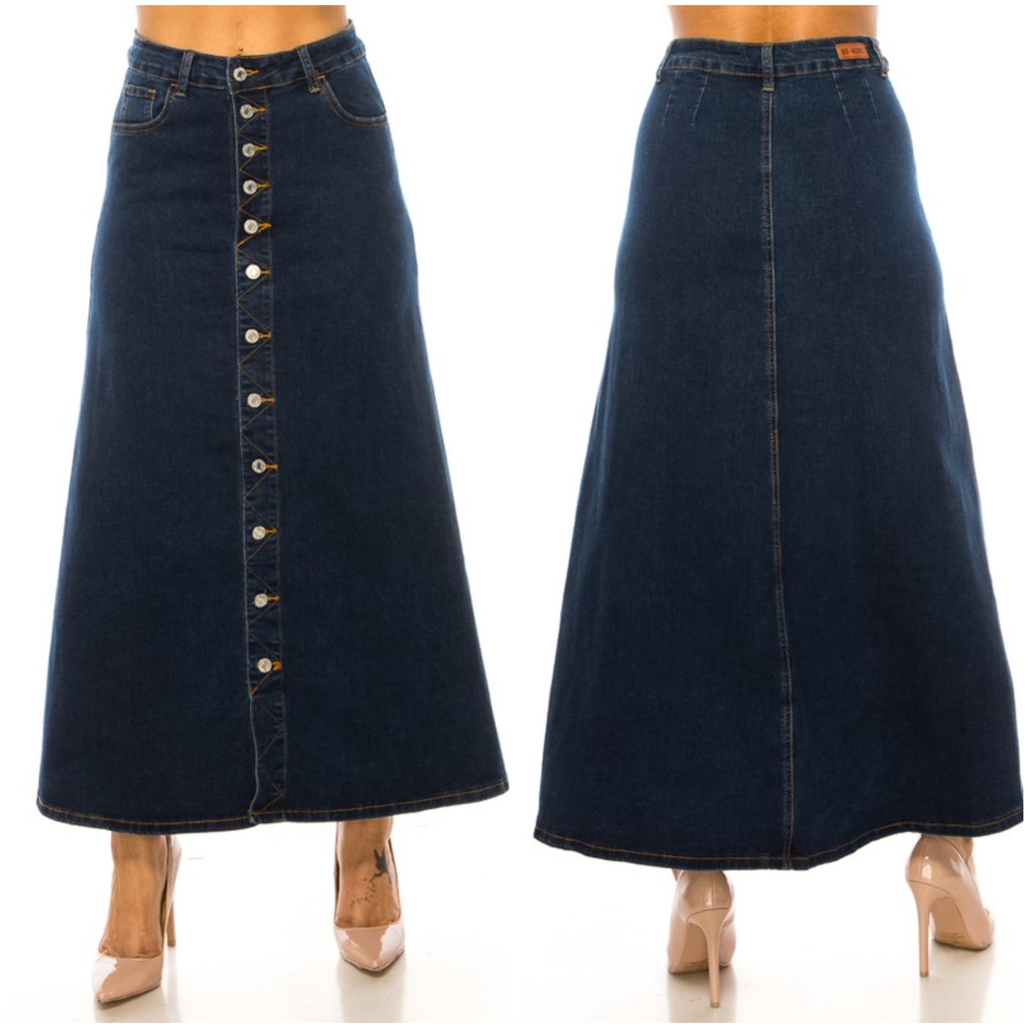 Dark wash Be-Girl denim maxi skirt by ModestAndDevoted with button front and plus size fit, styled for a casual look.
