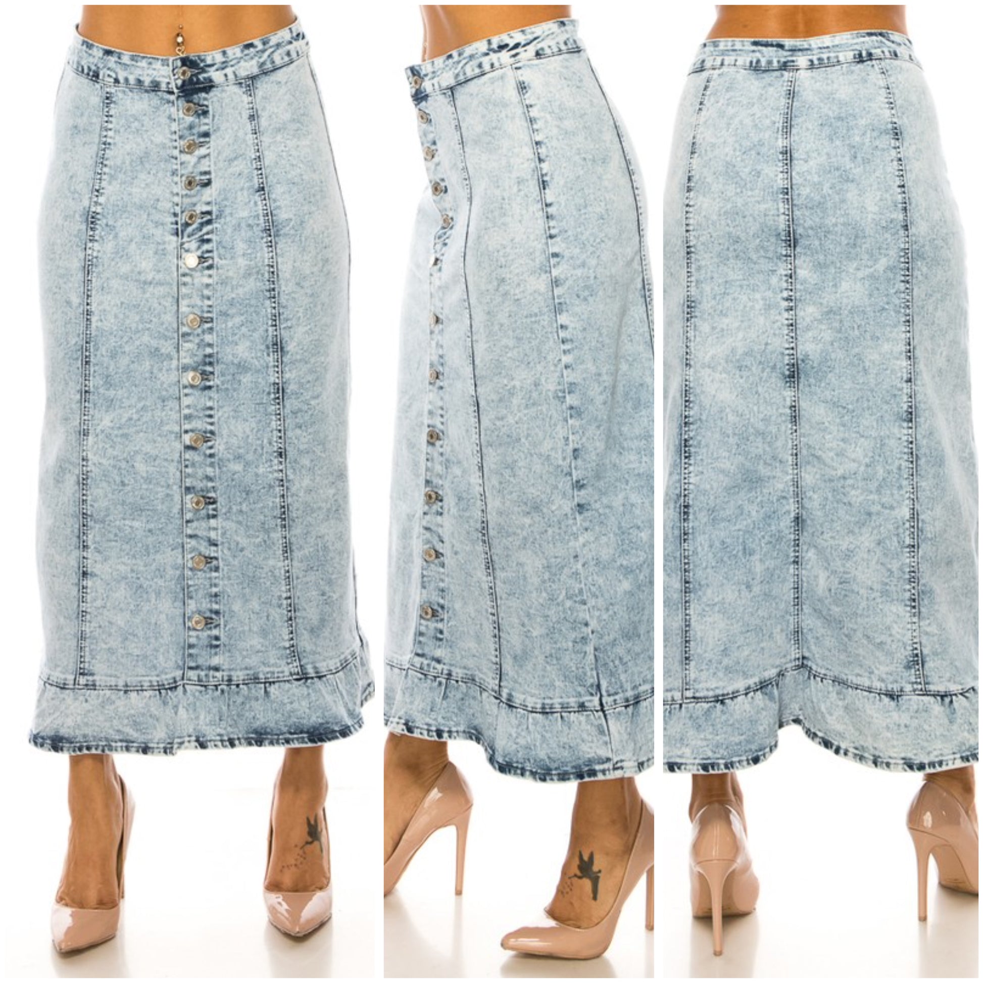 Light acid wash denim maxi skirt with ruffle hem from Be-Girl by ModestAndDevoted, featuring a stylish, flowing design.