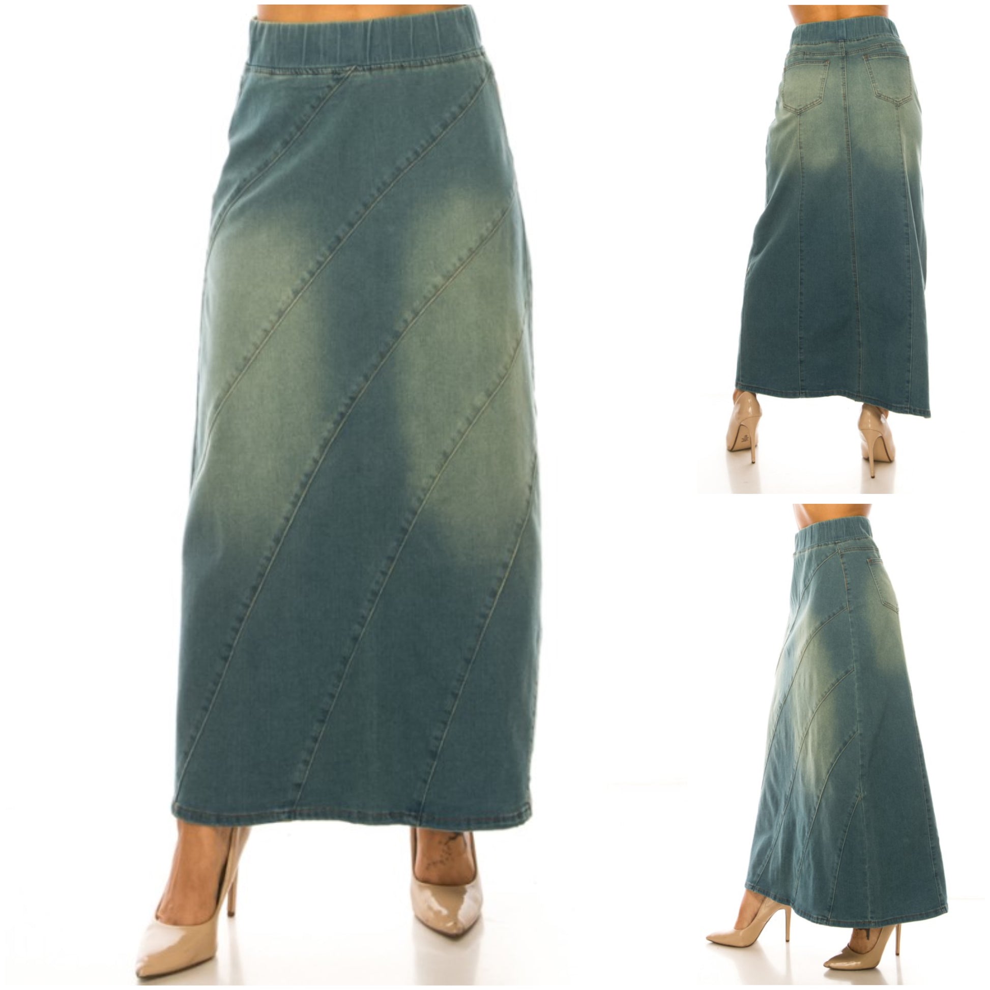 Be-Girl denim distressed wash maxi skirt by ModestAndDevoted, featuring elastic waist and plus-size fit, styled for a casual look.