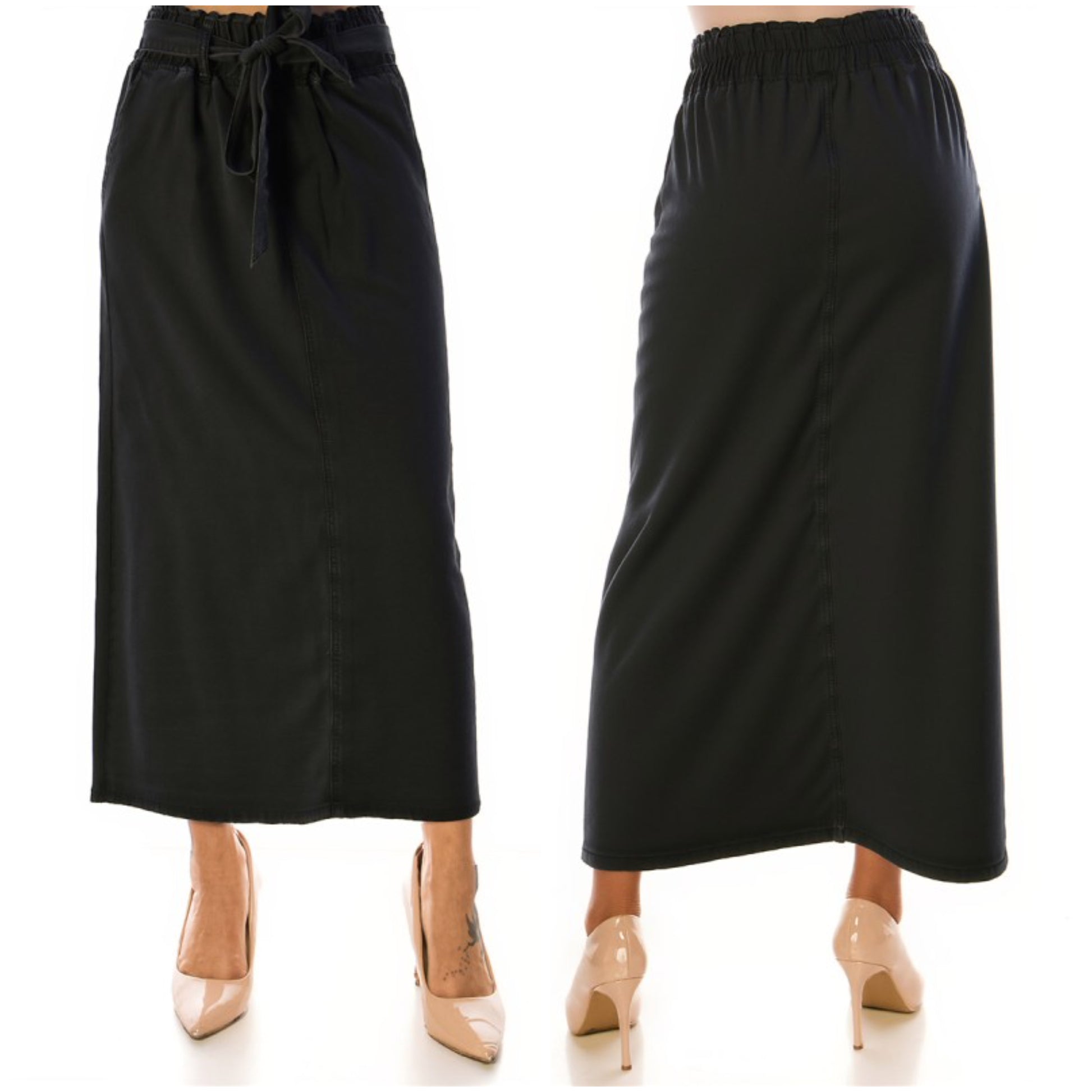 Black Be-Girl denim maxi skirt with elastic tie waist, featuring a stylish, flowy design perfect for casual outfits.