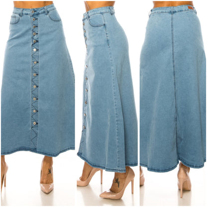 Light wash denim Be-Girl maxi skirt by ModestAndDevoted with button front and plus size fit, showcased on a model.