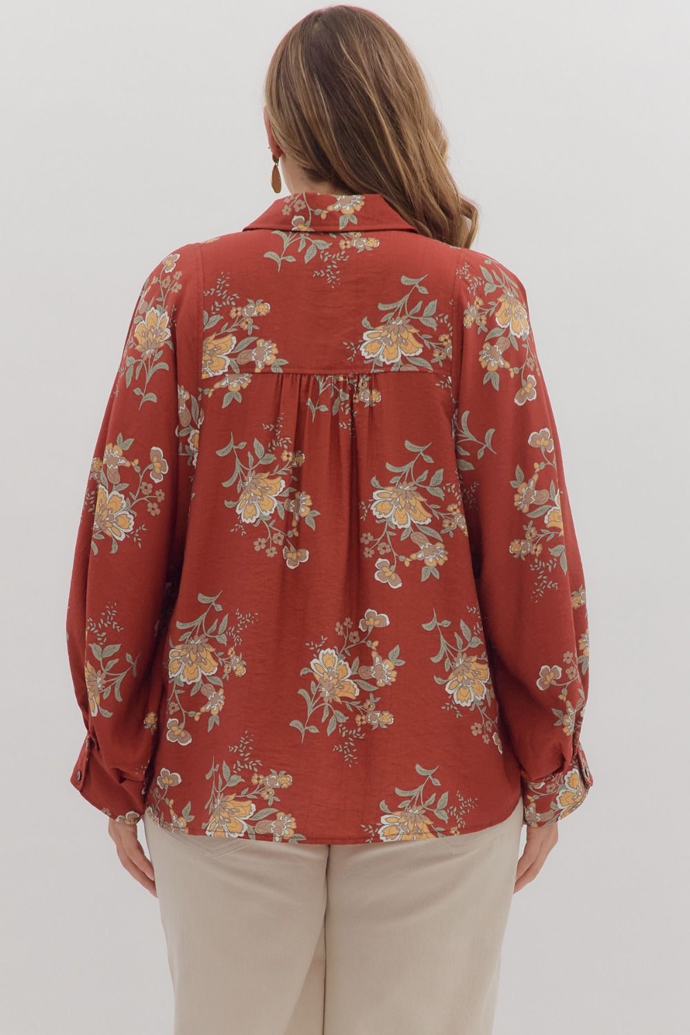 Flowy oversized brick floral button-down top by ModestAndDevoted, featuring a relaxed fit and vibrant floral pattern.