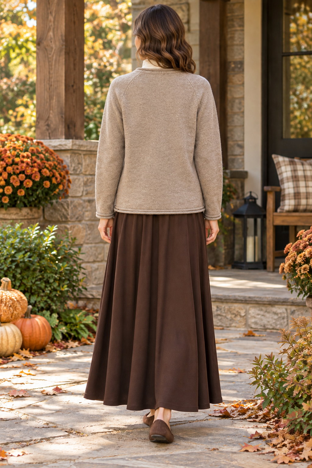 New'm Flying Mallard Duck Knit Sweater in Heather Taupe — back lifestyle view