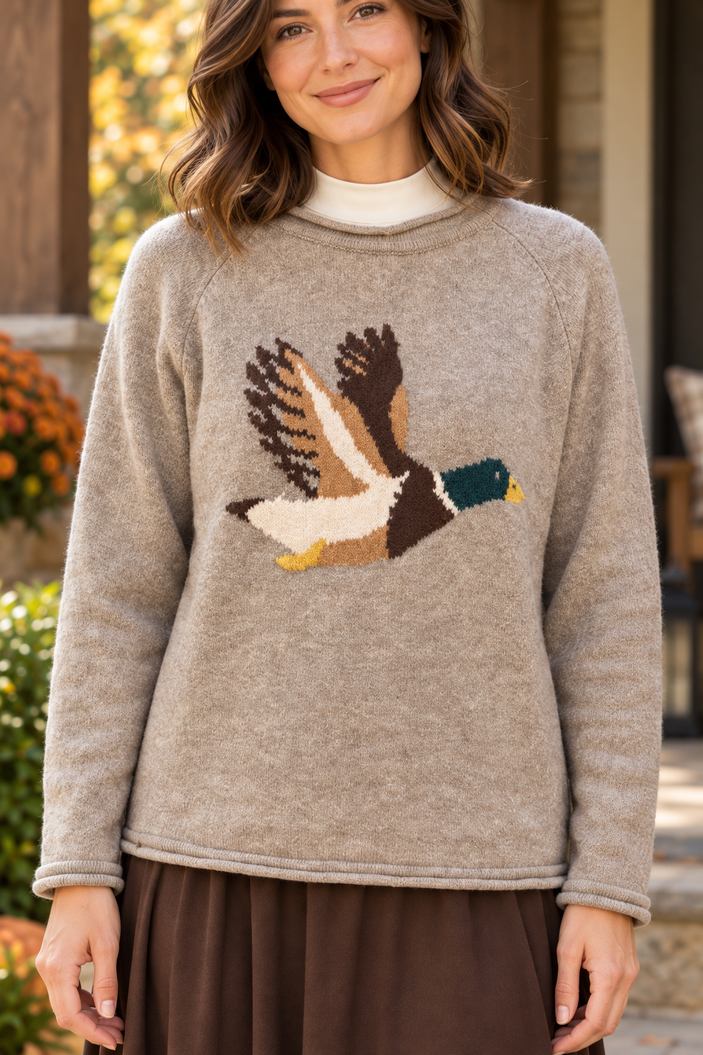 New'm Flying Mallard Duck Knit Sweater in Heather Taupe — detail lifestyle view