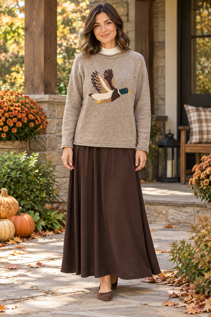 New'm Flying Mallard Duck Knit Sweater in Heather Taupe — front lifestyle view