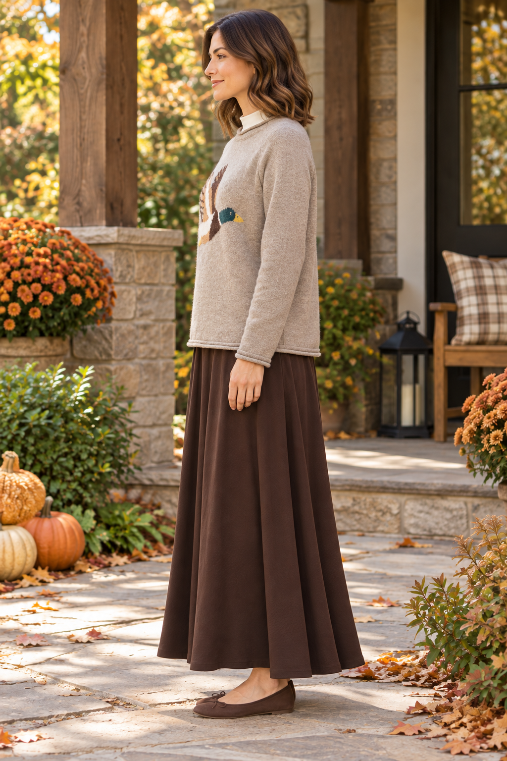New'm Flying Mallard Duck Knit Sweater in Heather Taupe — left lifestyle view