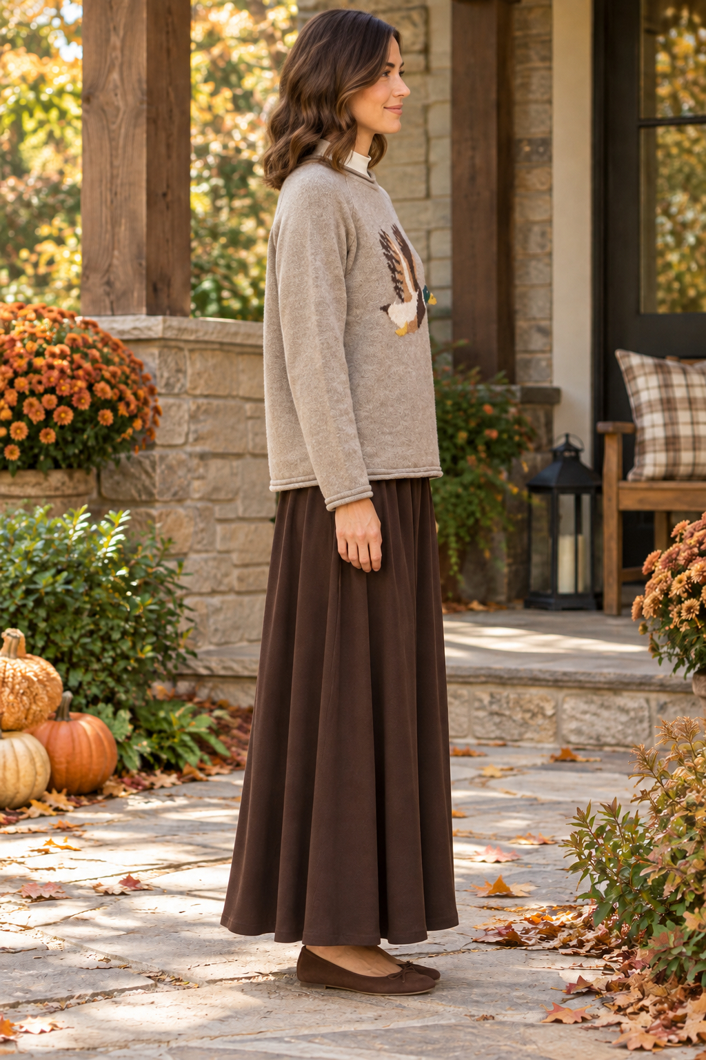 New'm Flying Mallard Duck Knit Sweater in Heather Taupe — right lifestyle view