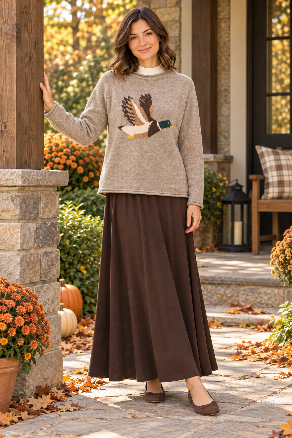 New'm Flying Mallard Duck Knit Sweater in Heather Taupe — standing lifestyle view