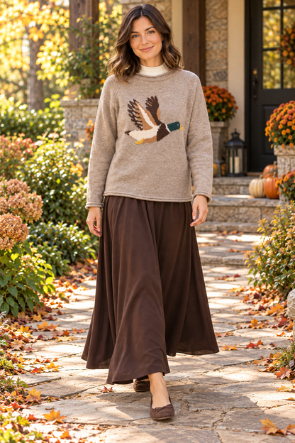 New'm Flying Mallard Duck Knit Sweater in Heather Taupe — walking lifestyle view