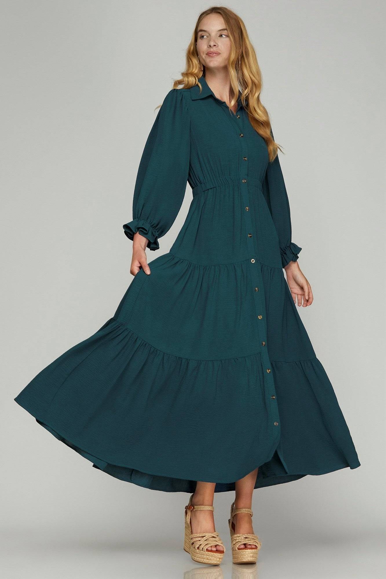 Purple collared puff sleeve button-down tiered maxi dress with flowy layers, perfect for a stylish and elegant look.
