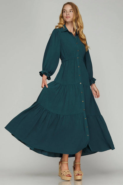 Purple collared puff sleeve button-down tiered maxi dress with flowing silhouette, perfect for casual or semi-formal occasions.