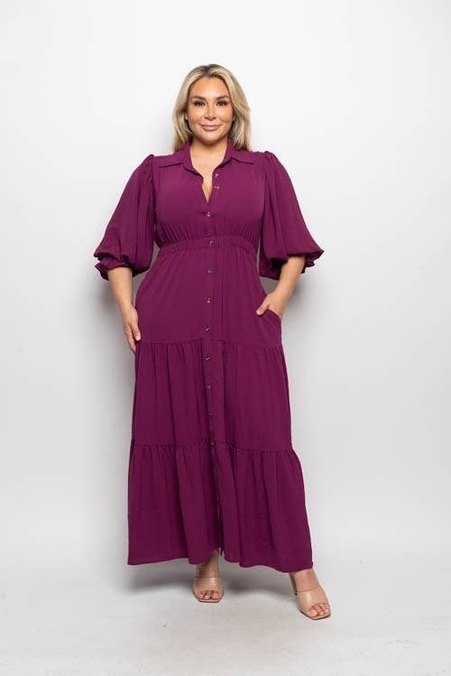 Purple collared puff sleeve button-down tiered maxi dress, stylish and flowing, perfect for casual or semi-formal occasions.