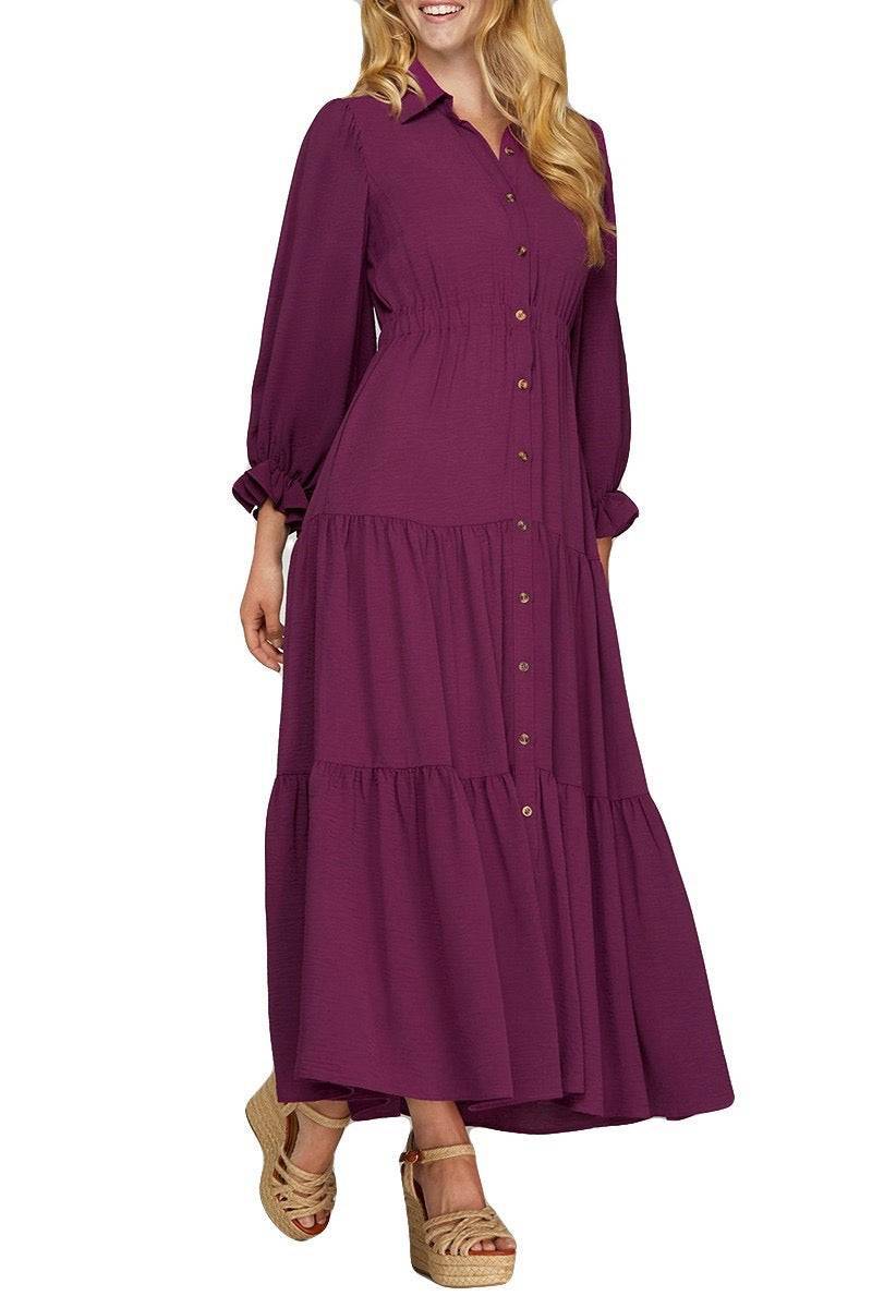 Purple collared puff sleeve button-down tiered maxi dress, stylish and flowing, perfect for casual or dressy occasions.