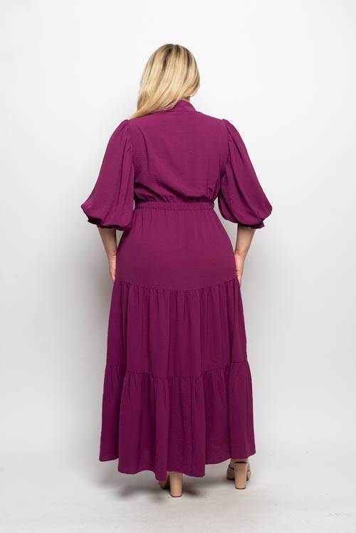 Purple collared puff sleeve button-down tiered maxi dress, stylish and flowy women's dress with elegant design.