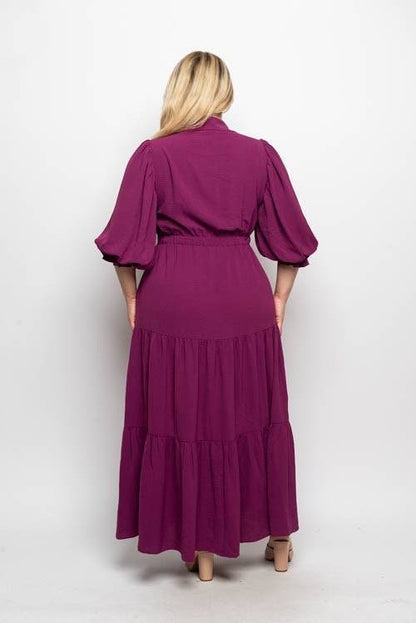 Purple collared puff sleeve button-down tiered maxi dress, flowing style with elegant tiers and feminine design.