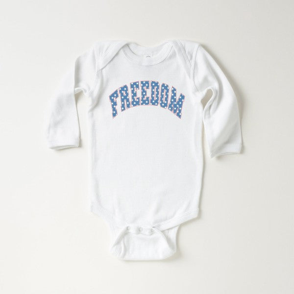 Heather grey baby onesie with patriotic stars and long sleeves from Olive & Ivory Wholesale, 18 months size.