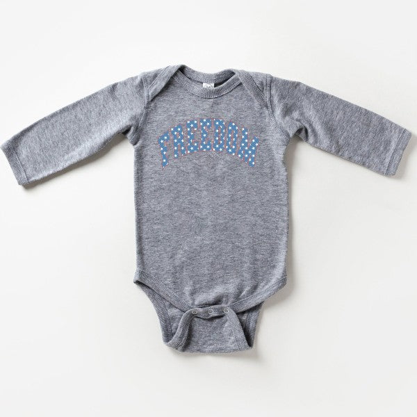 Heather grey baby onesie by Olive & Ivory Wholesale with patriotic stars and long sleeves for 18-month-olds.