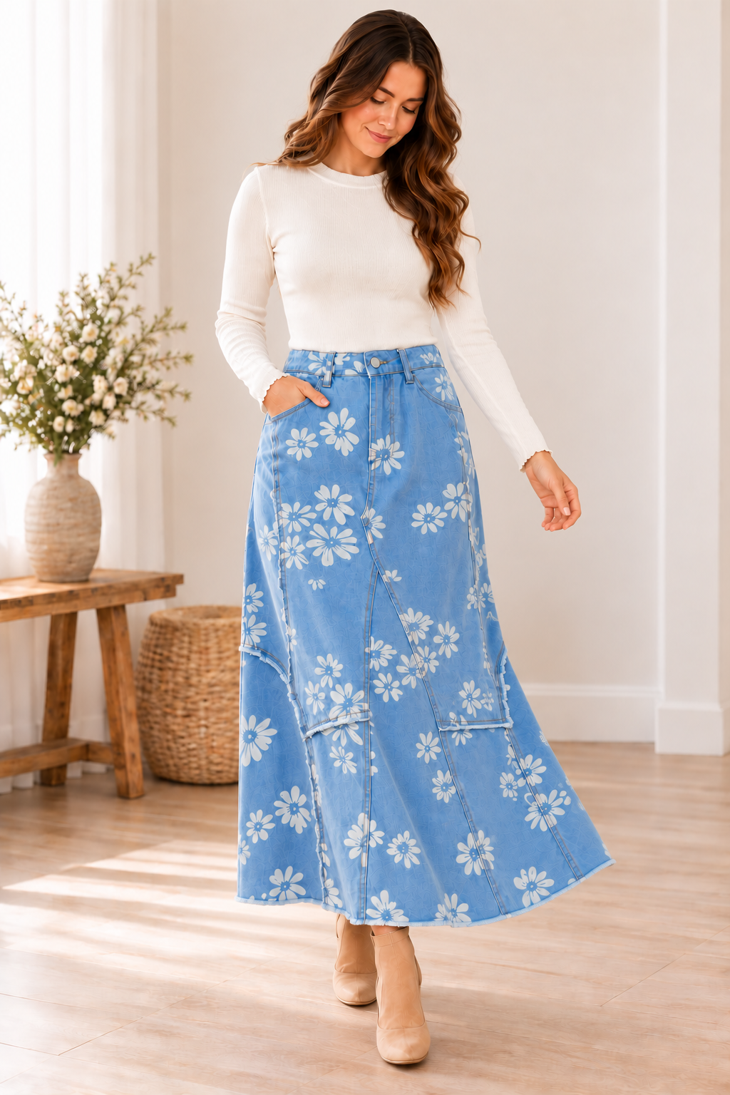 Light blue daisy denim maxi skirt walking lifestyle view