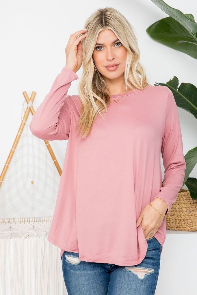 Black P & Rose Butter Soft Solid Basic Long Sleeve Layering Shirt, close-up view of the smooth fabric and simple design.
